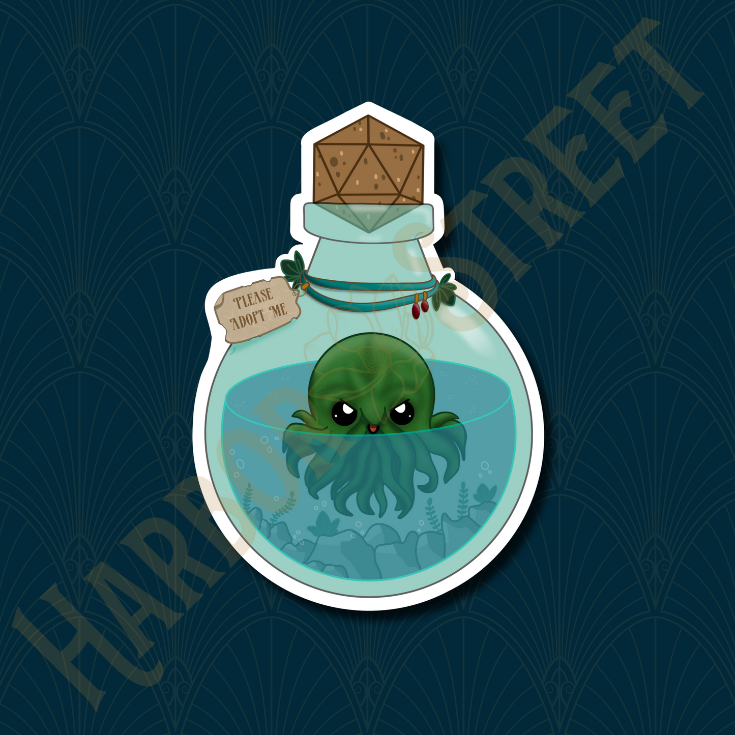 Baby Cthulhu Sticker seen inside a potion bottle with D20 cork