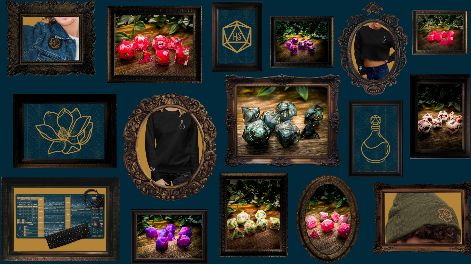 Harbor Street homepage banner image with 16 golden frames and gaming accessories and apparel product photos inside each frame