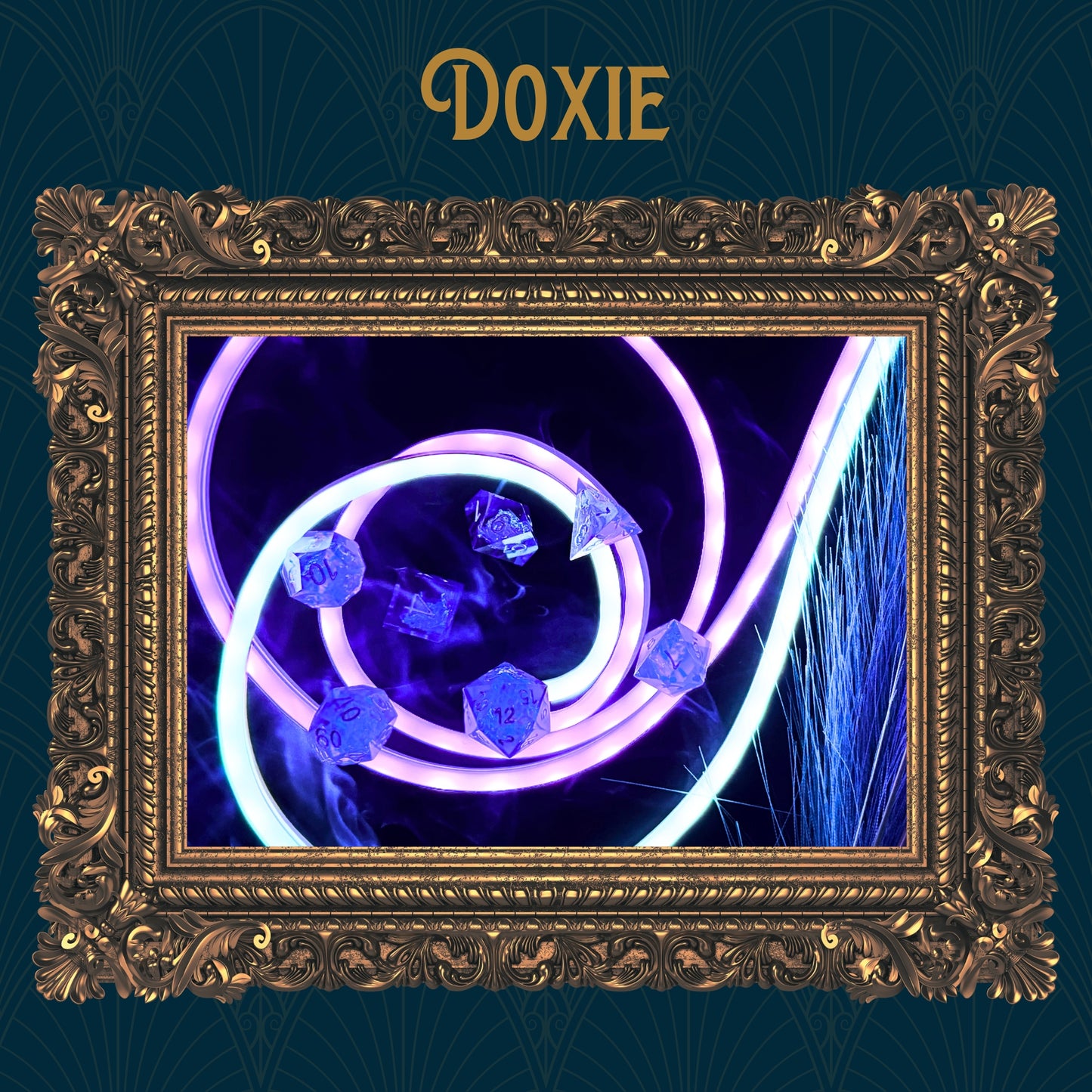 A Doxie dice collection of seven polyhedrals is displayed on neon string lights. Bordered in a golden frame display