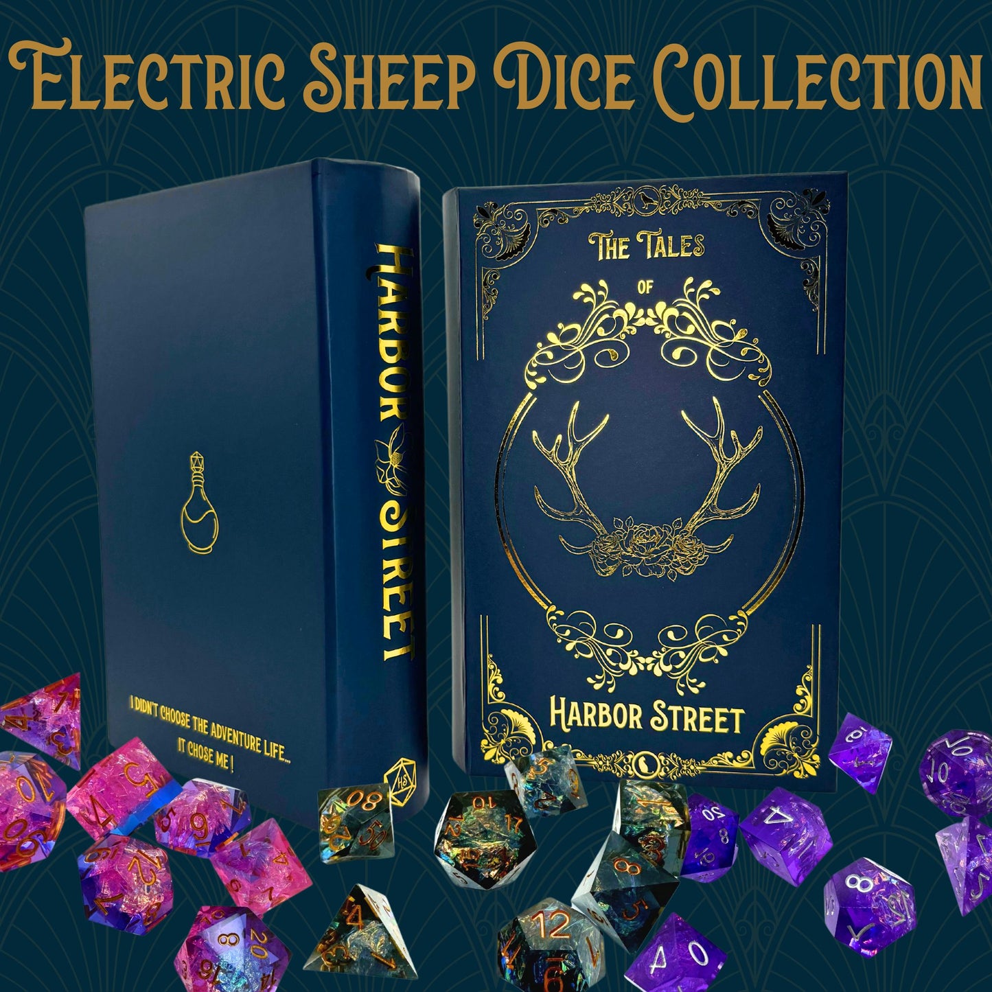 Blue book box with gold foil that reads The Tales of Harbor Street. Display photo with three sets of polyhedral dice.