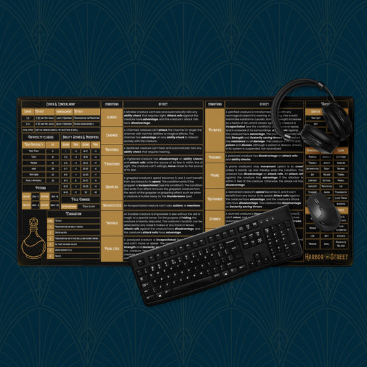 Graphic of the Black GM Play Mat 5E Compatible mousepad with prop keyboard, headphone, and mouse on top.