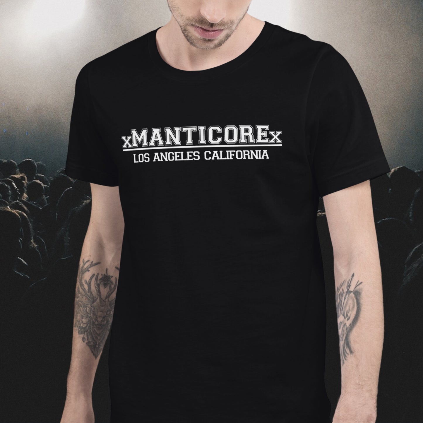 Black t-shirt with white text on the front "xManticorex Los Angeles California" and on the back there's a picture of a manitcore with white text "Open up the Crit! Habor Street"