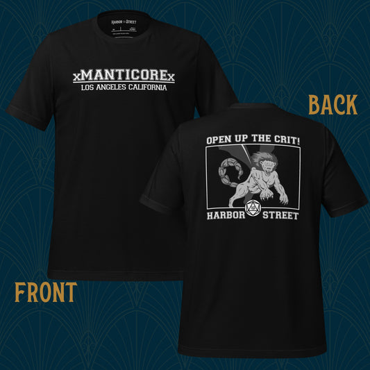 Black t-shirt with white text on the front "xManticorex Los Angeles California" and on the back there's a picture of a manitcore with white text "Open up the Crit! Habor Street"
