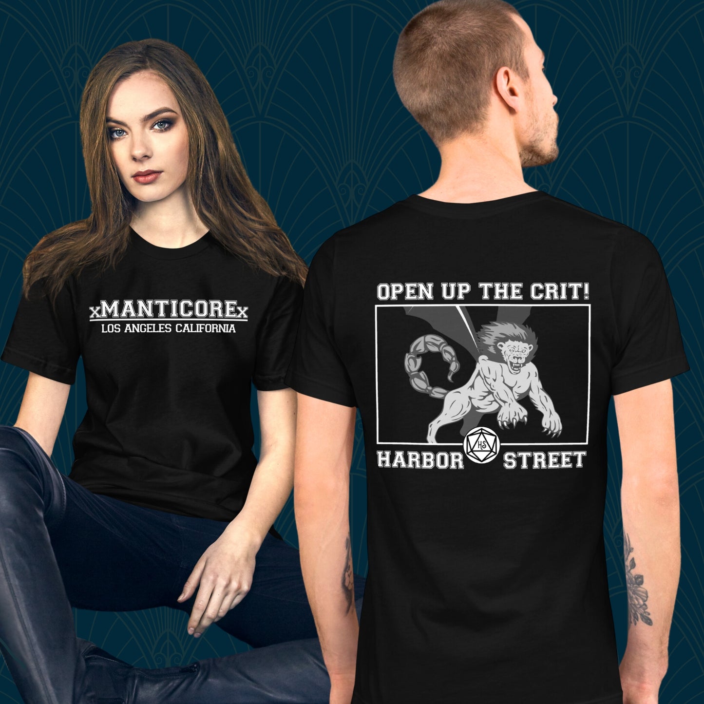 Black t-shirt with white text on the front "xManticorex Los Angeles California" and on the back there's a picture of a manitcore with white text "Open up the Crit! Habor Street"