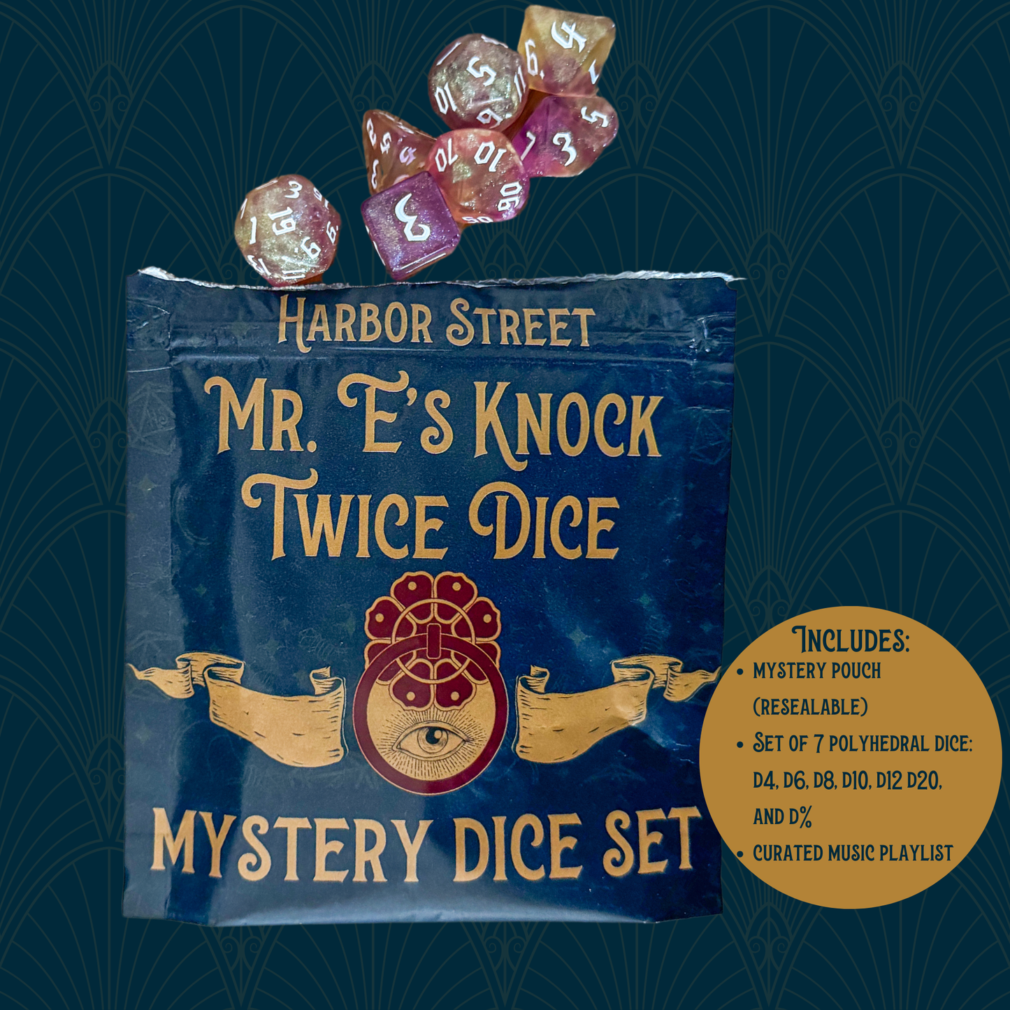 Pile of Mr. E's Knock Twice Dice mystery dice set pouches.