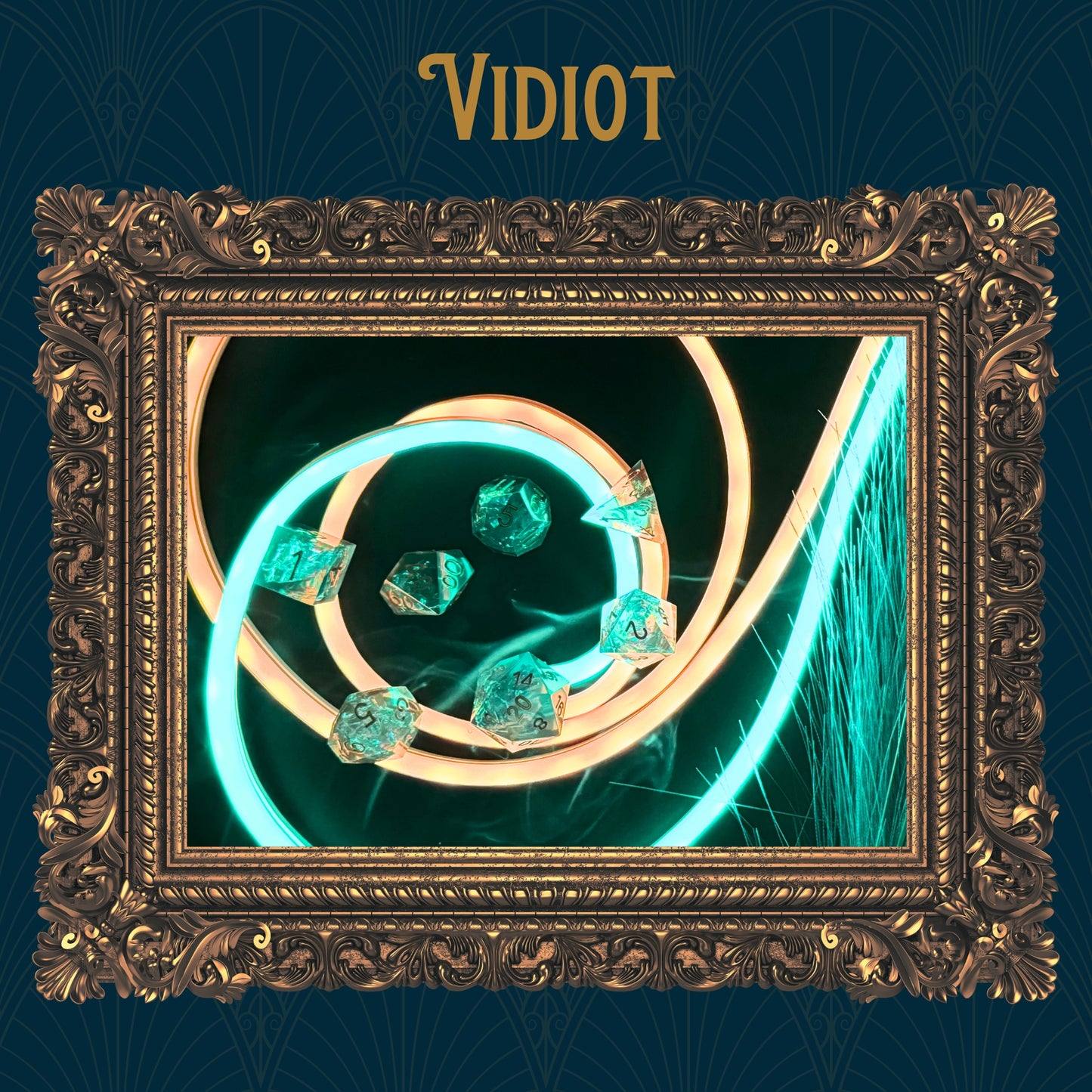 A vidiot dice collection of seven polyhedrals is displayed on neon string lights. Bordered in a golden frame display