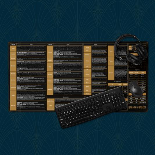 5E 2024 Dungeon Master rules reference gaming desk mat in black and gold — DnD tabletop RPG play mat for DMs and players