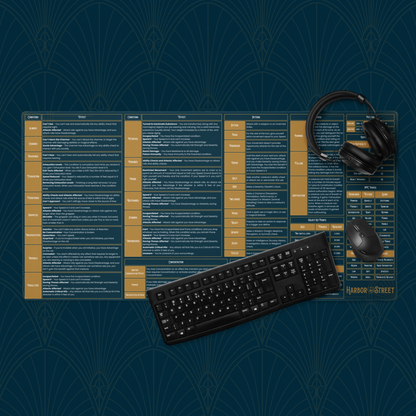 5E 2024 Dungeon Master rules reference gaming desk mat in blue and gold — DnD tabletop RPG play mat for DMs and players