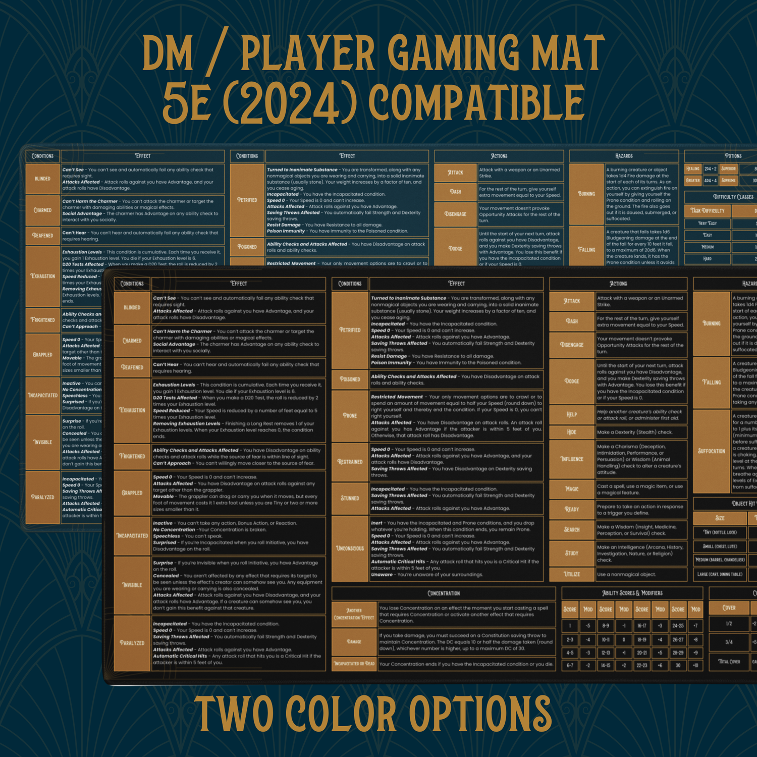 5E 2024 Dungeon Master rules reference gaming desk mat in black and gold and in blue and gold — DnD tabletop RPG play mat for DMs and players